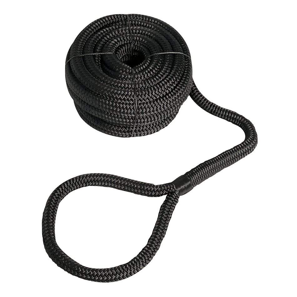 Cima di ormeggio ad alta tenacità con occhio impiombato a mano colore nero doppia treccia poliestere disponibile in 6 misure da 10 a 24 mm