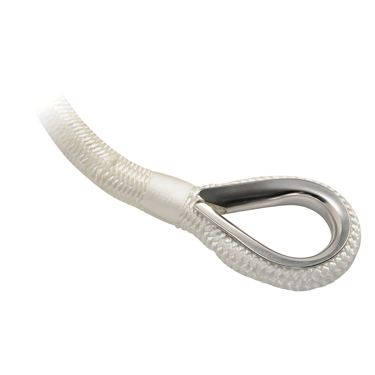Cima ormeggio doppia treccia impiombata con redancia inox colore bianco in poliestere alta tenacità disponibile in 6 misure da 10 a 24 mm