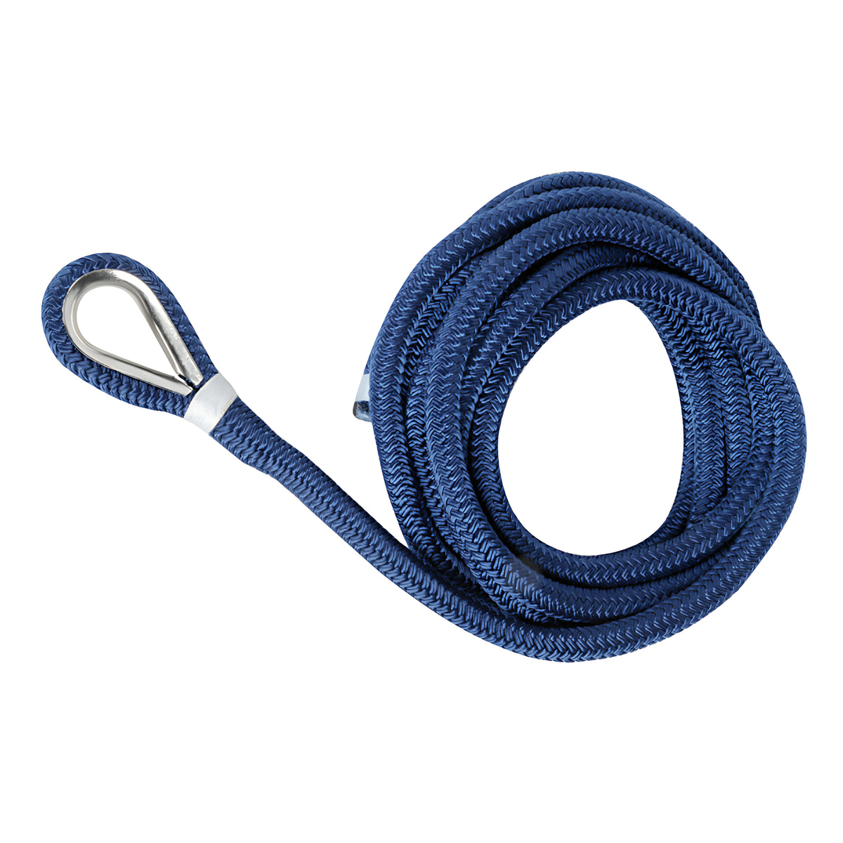 Cima ormeggio doppia treccia impiombata con redancia inox colore blu in poliestere alta tenacità disponibile in 6 misure da 10 a 24 mm