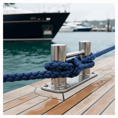 Cima da ormeggio blu navy intrecciata a 8 legnoli in poliestere, annodata su galloccia inox su pontile | Onautica