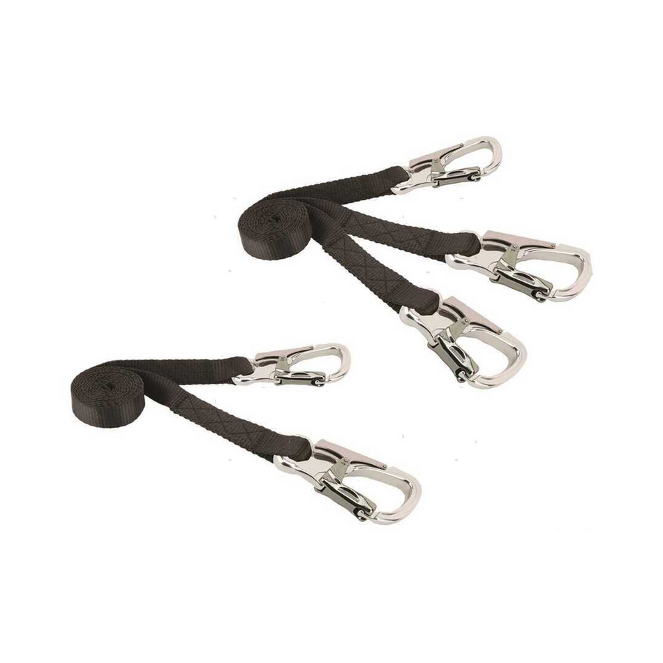 Cinghia di sicurezza offshore con moschettoni leggeri in alluminio e nastro elastico.