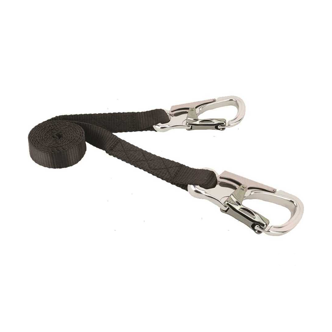 Cinghia di sicurezza offshore con moschettoni leggeri in alluminio e nastro elastico.