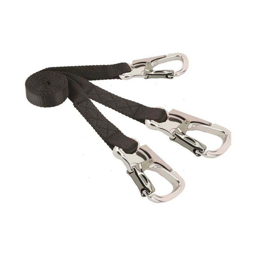 Cinghia di sicurezza offshore con moschettoni leggeri in alluminio e nastro elastico.