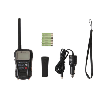 Confezione Cobra Marine BlueBound 150E: radio, batterie AAA NiMH, attacco cintura, cavo 12 V USB-C e cinturino | Onautica