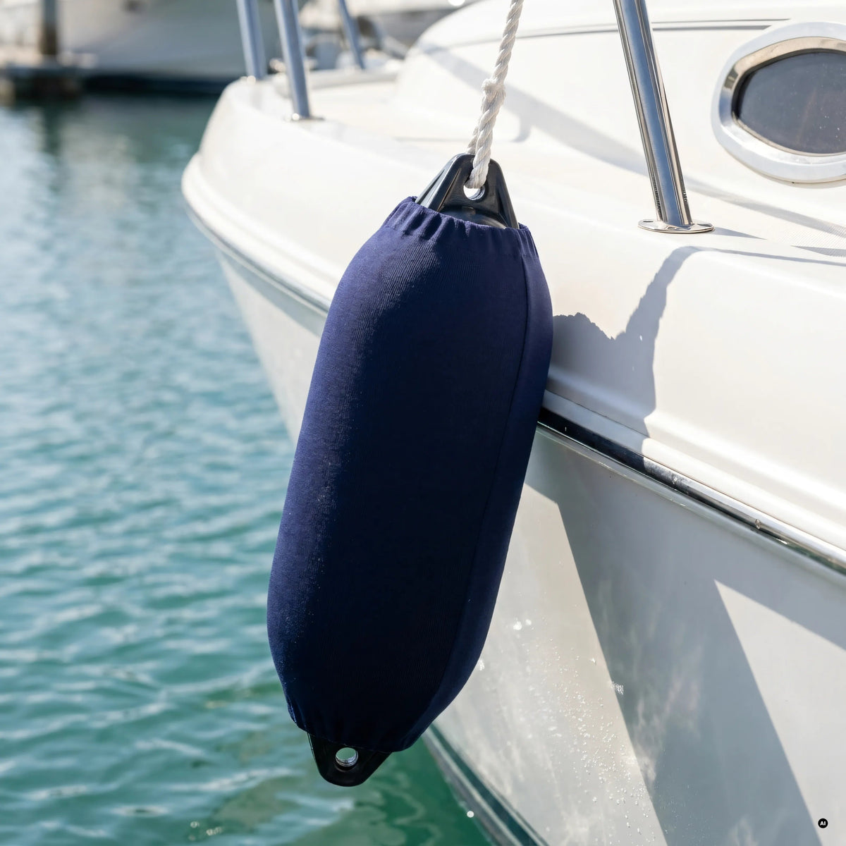 Copriparabordi F-Type blu navy in tessuto acrilico applicato su parabordo ovale, ormeggiato a barca bianca | Onautica