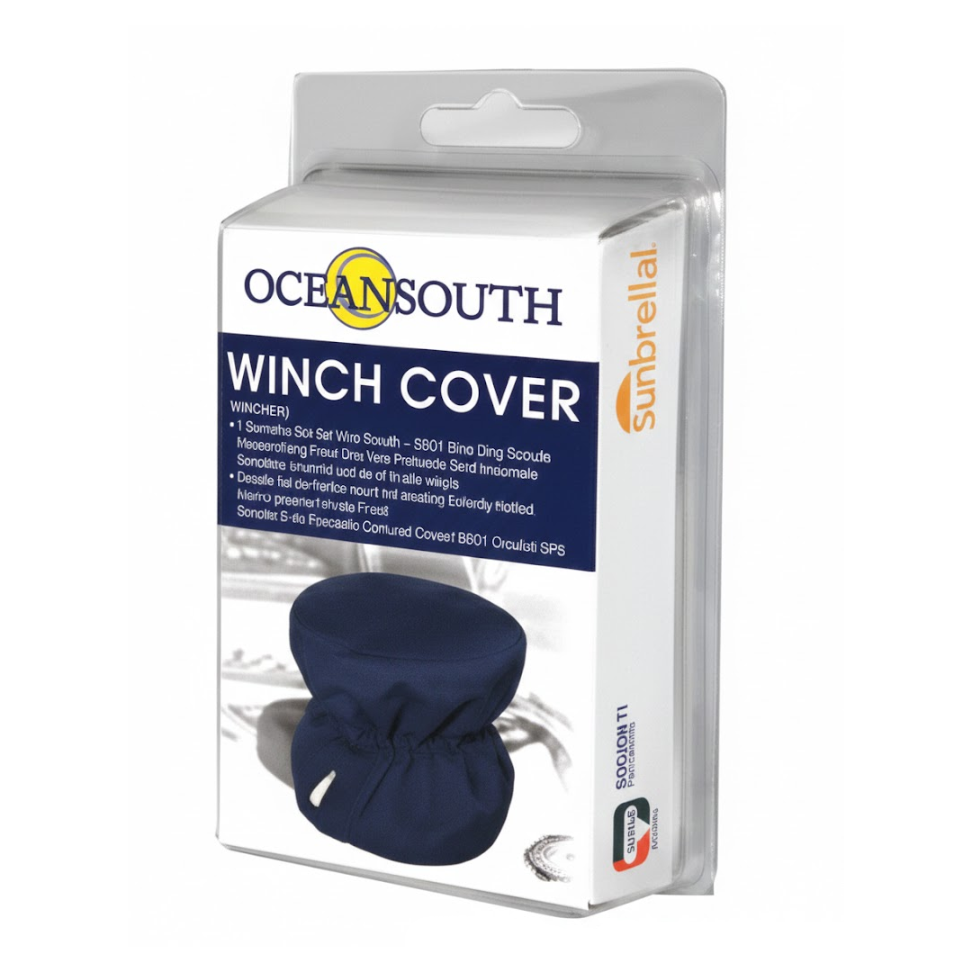Copriwinch blu in tessuto Sunbrella con base elastica per protezione winch barca a vela. confezione