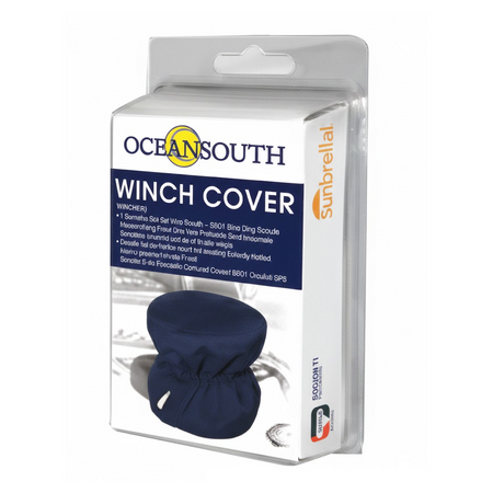 Copriwinch blu in tessuto Sunbrella con base elastica per protezione winch barca a vela. confezione