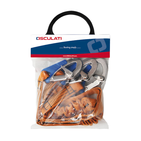 Cordone ombelicale nautico EURO Spring Line III omologato CE, dotato di ramo fisso, ramo elastico e 3 moschettoni Inox anti-appiglio.