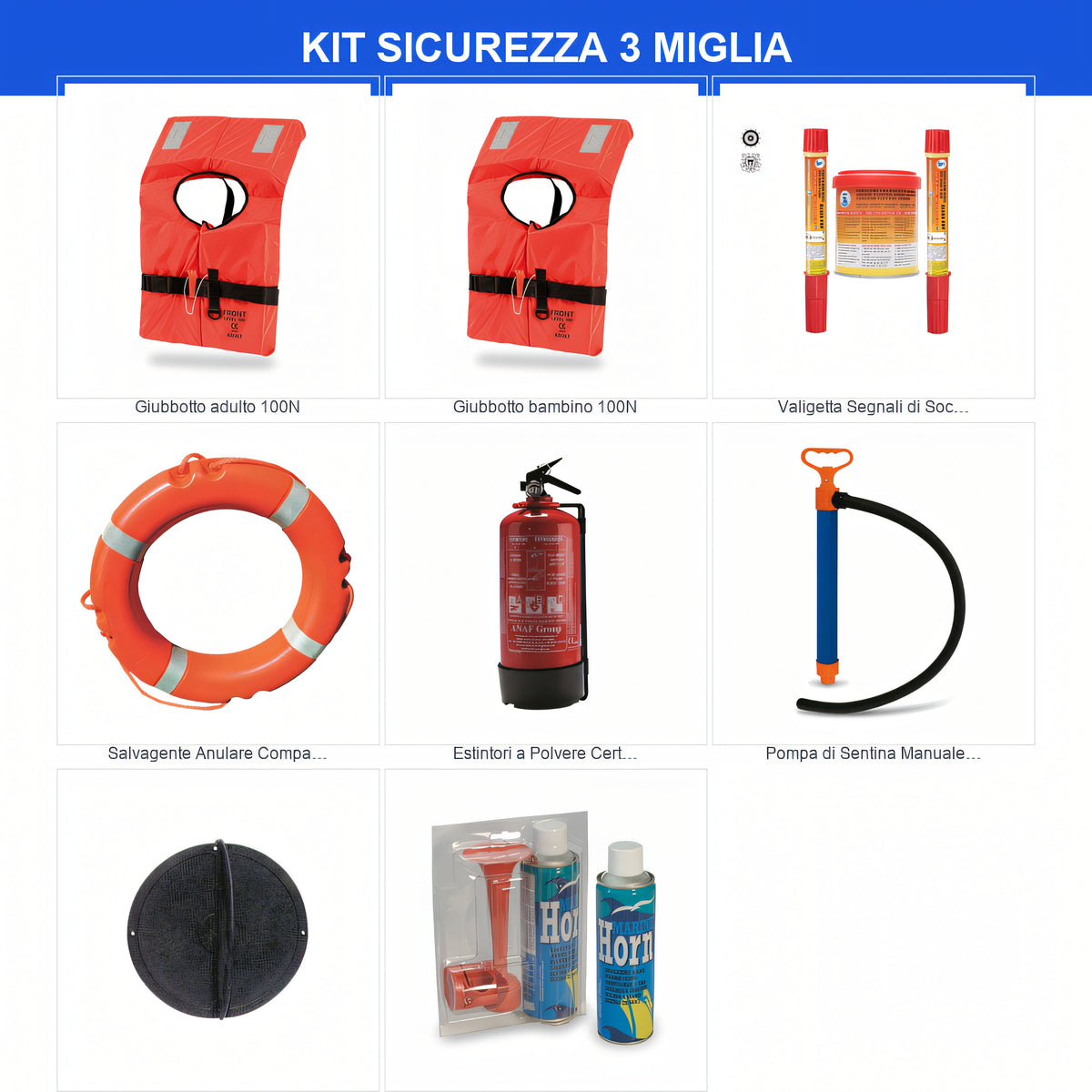 Kit dotazioni di sicurezza entro 3 miglia — articoli inclusi