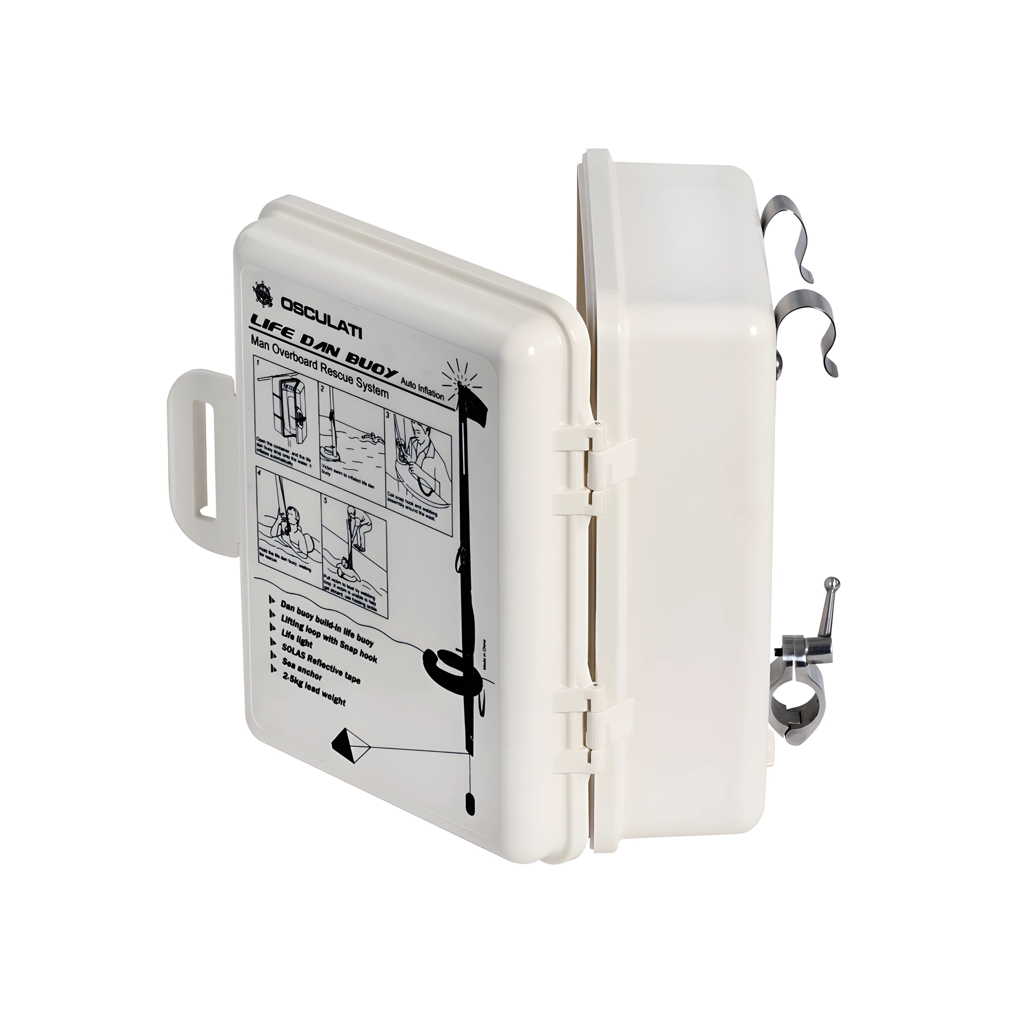 Sistema completo di salvataggio Dan Buoy M.O.B. autogonfiabile da 275N per emergenze uomo a mare, con asta luminosa e cassetta rigida in ABS.