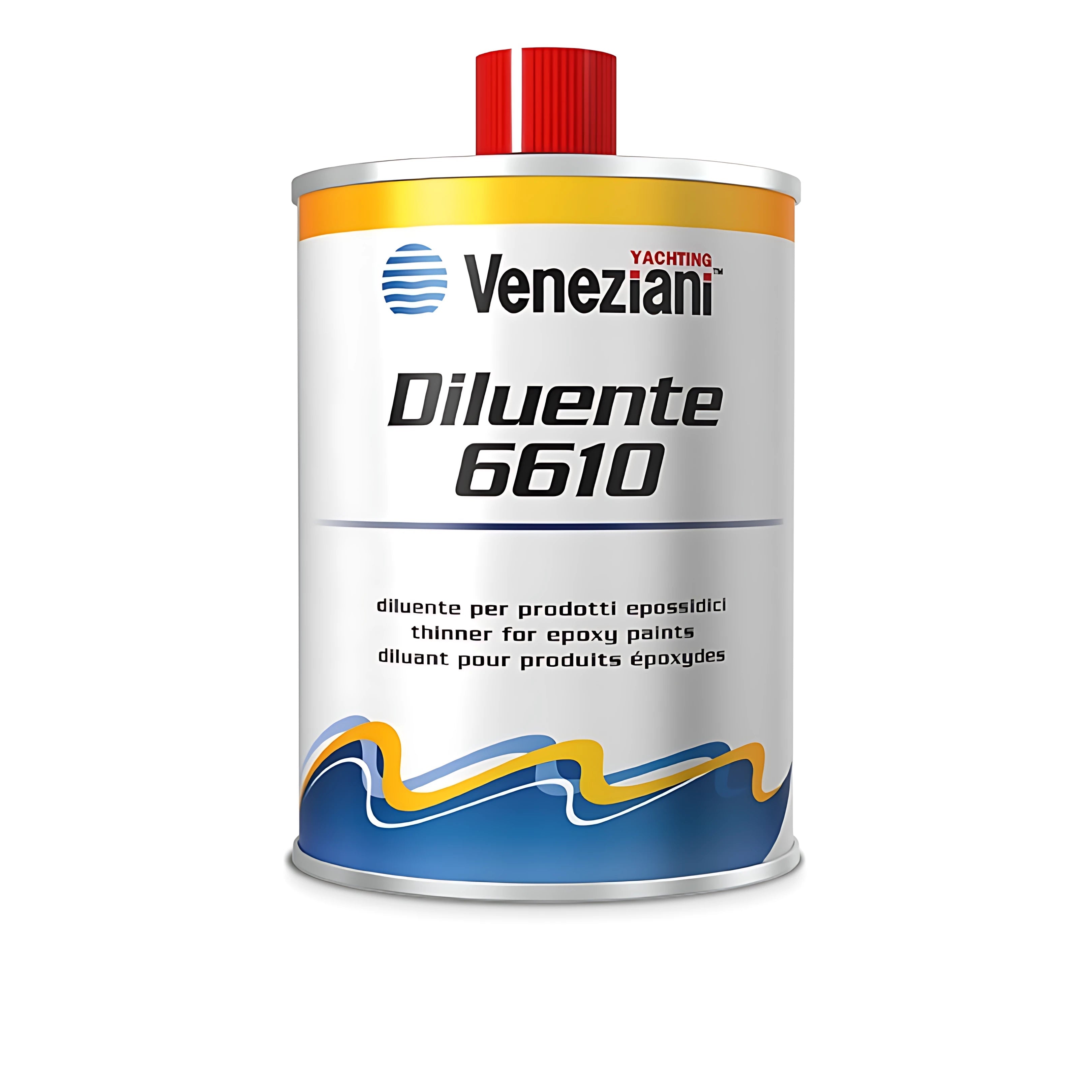 Latta da 0,5 litri di Diluente Veneziani 6610 trasparente specifico per la diluizione di vernici e la pulizia attrezzi da prodotti epossidici.