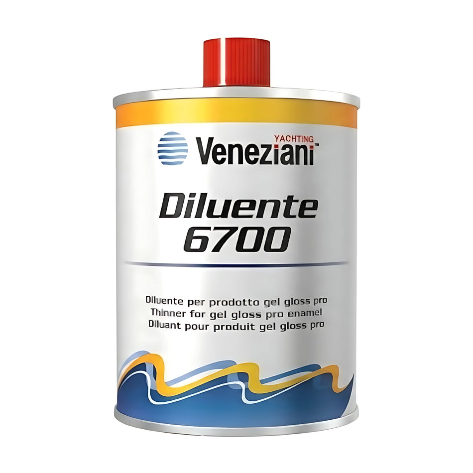 Latta da 0,5 litri di Diluente Veneziani 6700, specifico per smalto poliuretanico Gel Gloss Pro.