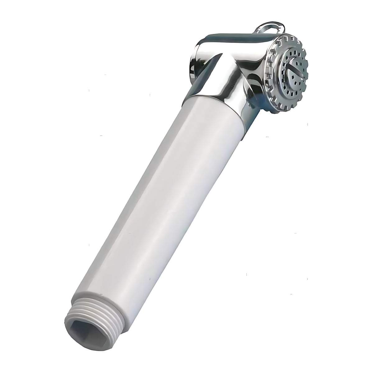 Testa doccetta modello Knob Lisa con corpo in ABS e dettagli in ottone cromato, dotata di bottone shut-off per il controllo del flusso d'acqua.