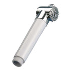 Testa doccetta modello Knob Lisa con corpo in ABS e dettagli in ottone cromato, dotata di bottone shut-off per il controllo del flusso d'acqua.
