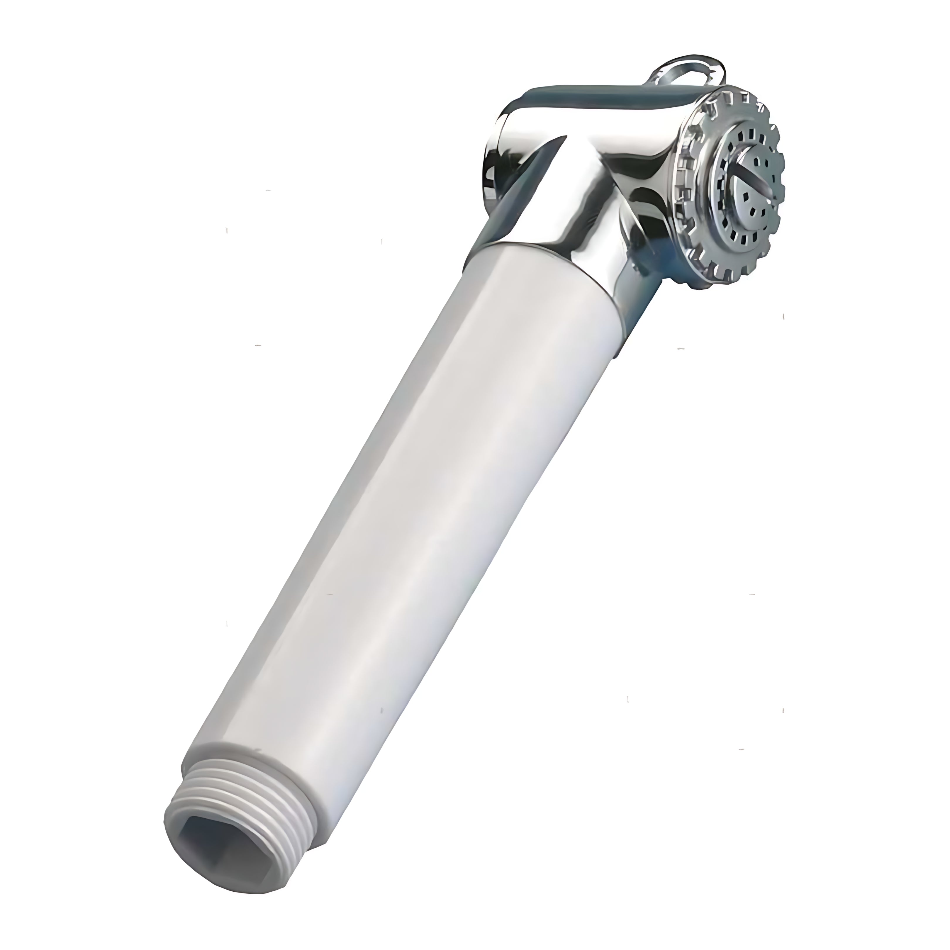 Testa doccetta modello Knob Lisa con corpo in ABS e dettagli in ottone cromato, dotata di bottone shut-off per il controllo del flusso d'acqua.