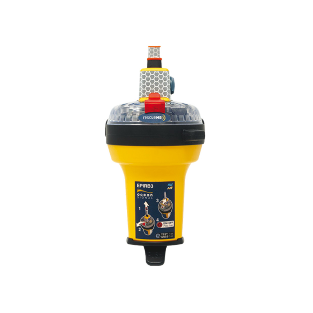 Localizzatore satellitare d'emergenza EPIRB3 Ocean Signal con AIS e staffa a sgancio manuale.