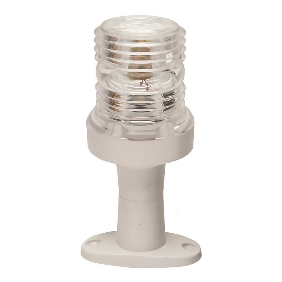 Fanale di navigazione nautico a 360 gradi con luce bianca, corpo in polimero bianco su basetta, certificato per imbarcazioni fino a 12 metri.