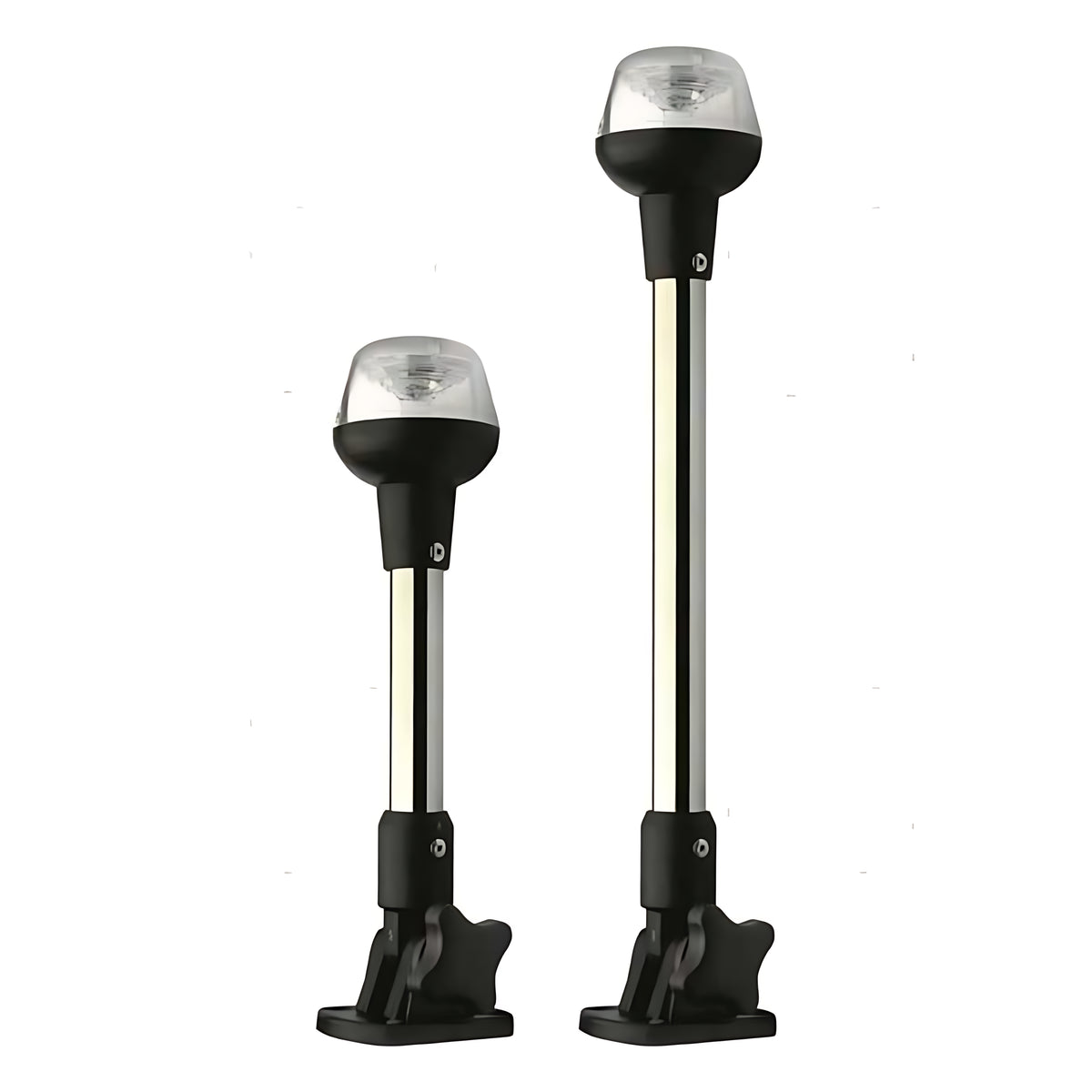 Fanale di navigazione a LED 360 gradi a luce bianca montato su asta in acciaio inox da 24 cm con base pieghevole per barche fino a 12 metri.