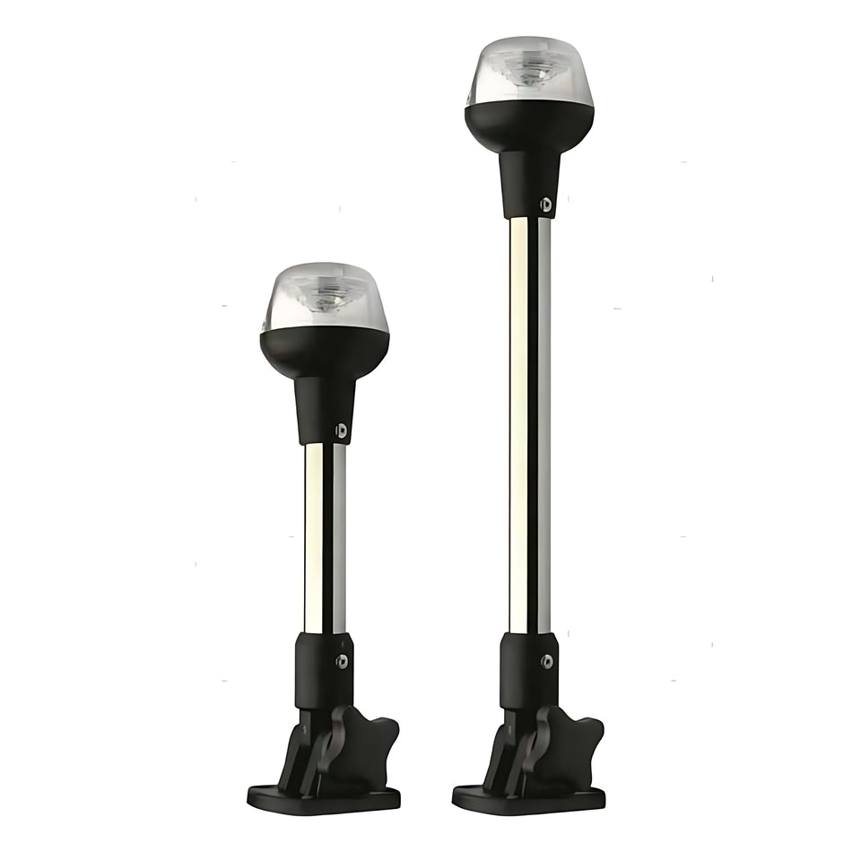 Fanale di navigazione a LED 360 gradi a luce bianca montato su asta in acciaio inox da 24 cm con base pieghevole per barche fino a 12 metri.