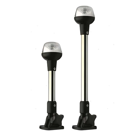 Fanale di navigazione a LED 360 gradi a luce bianca montato su asta lunga in acciaio inox da 64 cm con base pieghevole per barche fino a 12 metri.