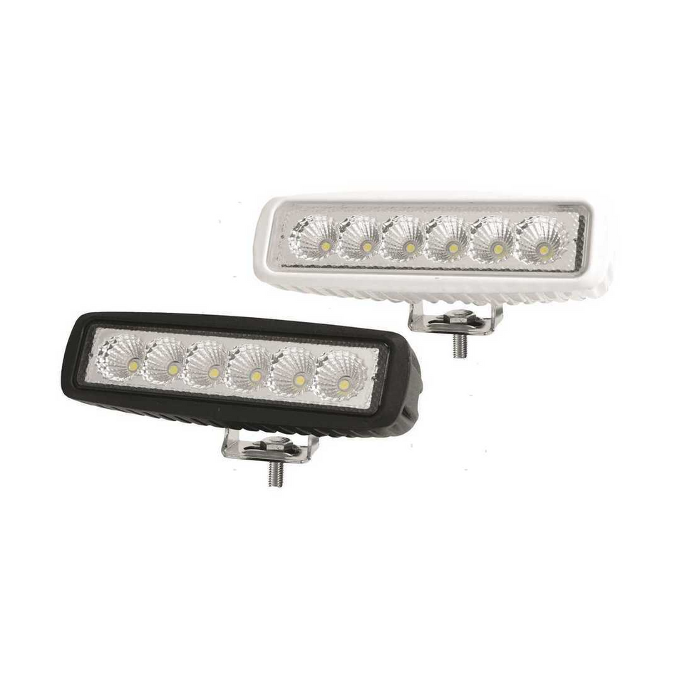 Faretto LED rettangolare 18W per illuminazione coperta e pozzetto, staffa in acciaio inox, disponibile con cassa bianca o nera.