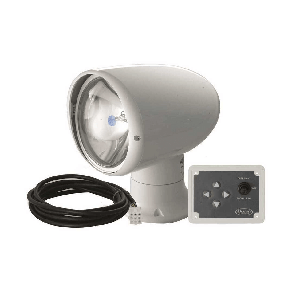 Faro di profondità orientabile Ocean Halogen 11-RC per barca con pannello di comando, cassa bianca antiurto e bulbo stagno.