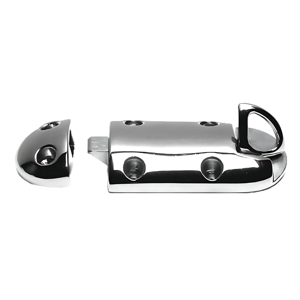 Fermaporta nautico a molla in acciaio inox AISI 316 lucidato a specchio, ideale per sportelli di accesso alla plancetta.