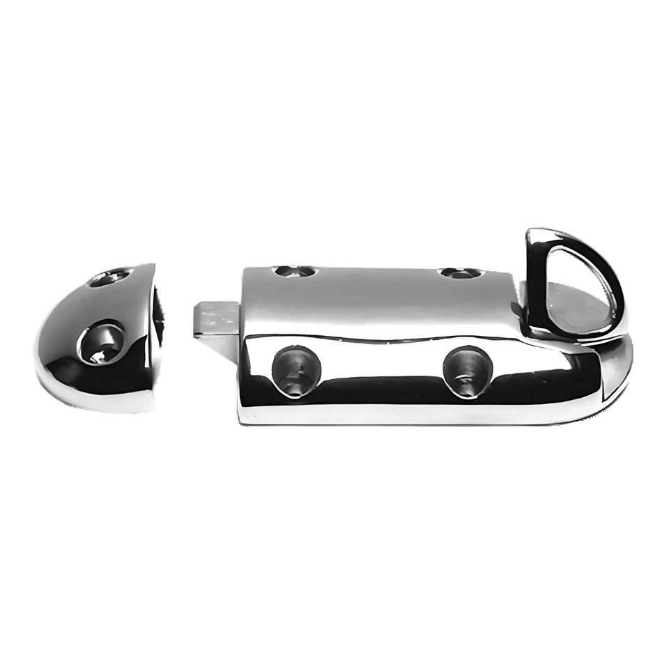 Fermaporta nautico a molla in acciaio inox AISI 316 lucidato a specchio, ideale per sportelli di accesso alla plancetta.