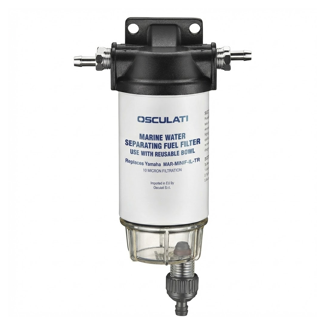 Filtro decantatore carburante nautico completo con testa in alluminio e vaschetta trasparente, per motori fuoribordo fino a 200 HP.