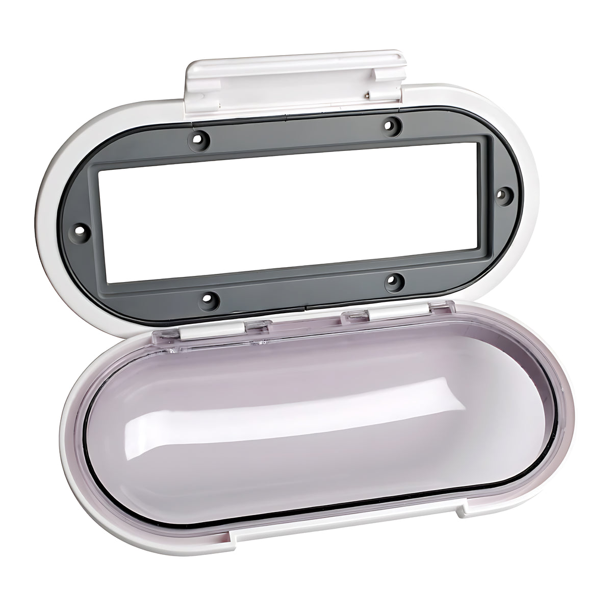 Frontalino stagno universale con sportello trasparente per proteggere la radio nautica dall'acqua e dalla salsedine. Compatibile con standard DIN e SAE.