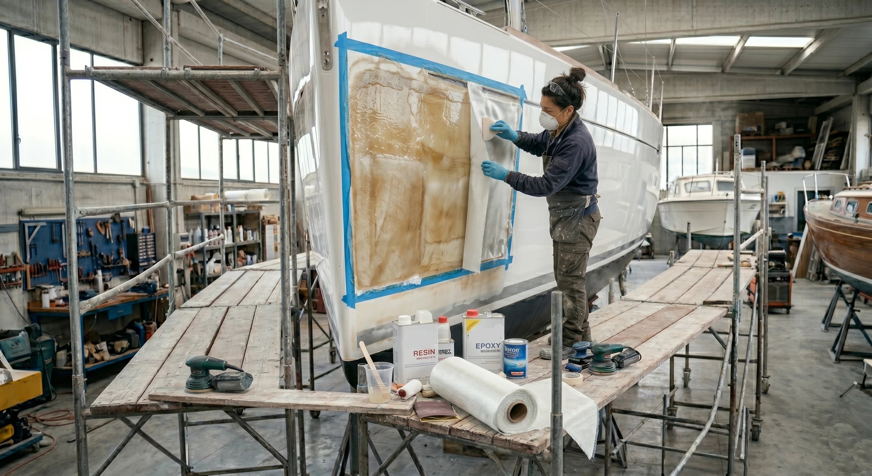 Una persona con maschera e guanti blu sta riparando la carena di una barca a vela in un cantiere navale, applicando uno strato di fibra di vetro. 