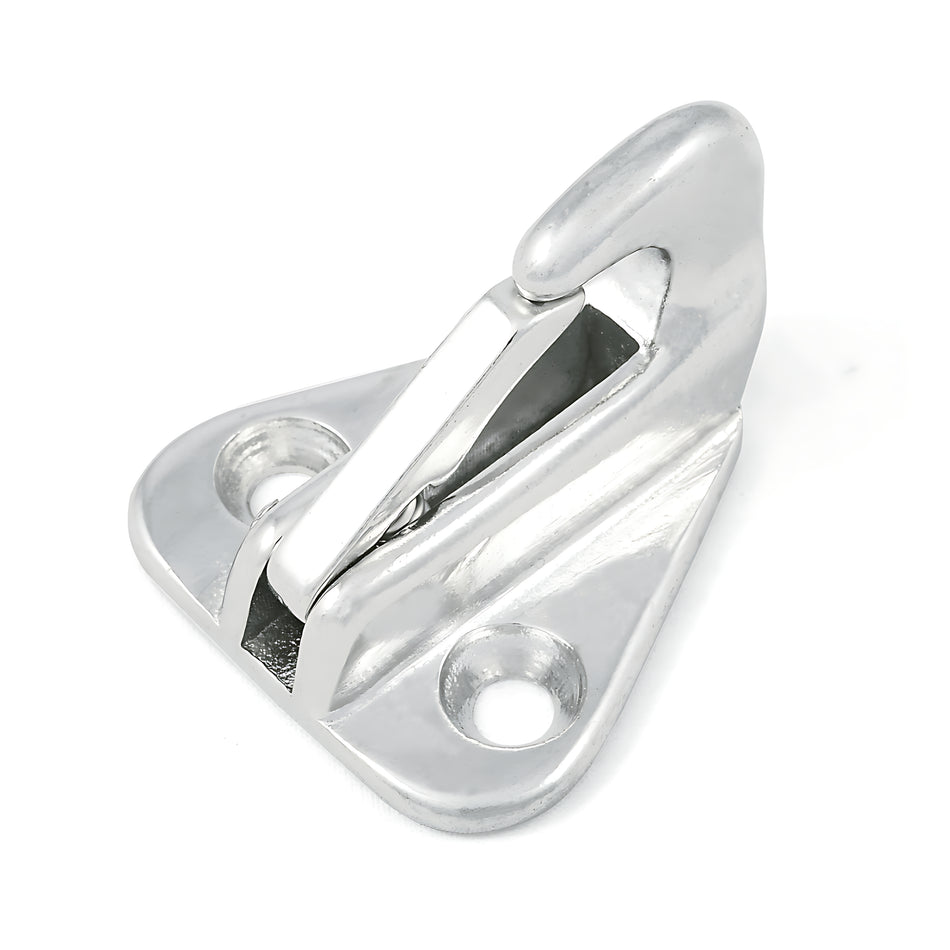 Gancio per parabordi in acciaio inox AISI 316 a microfusione con sicura a molla. Disponibile in due varianti di dimensione per fissaggio a paratia.