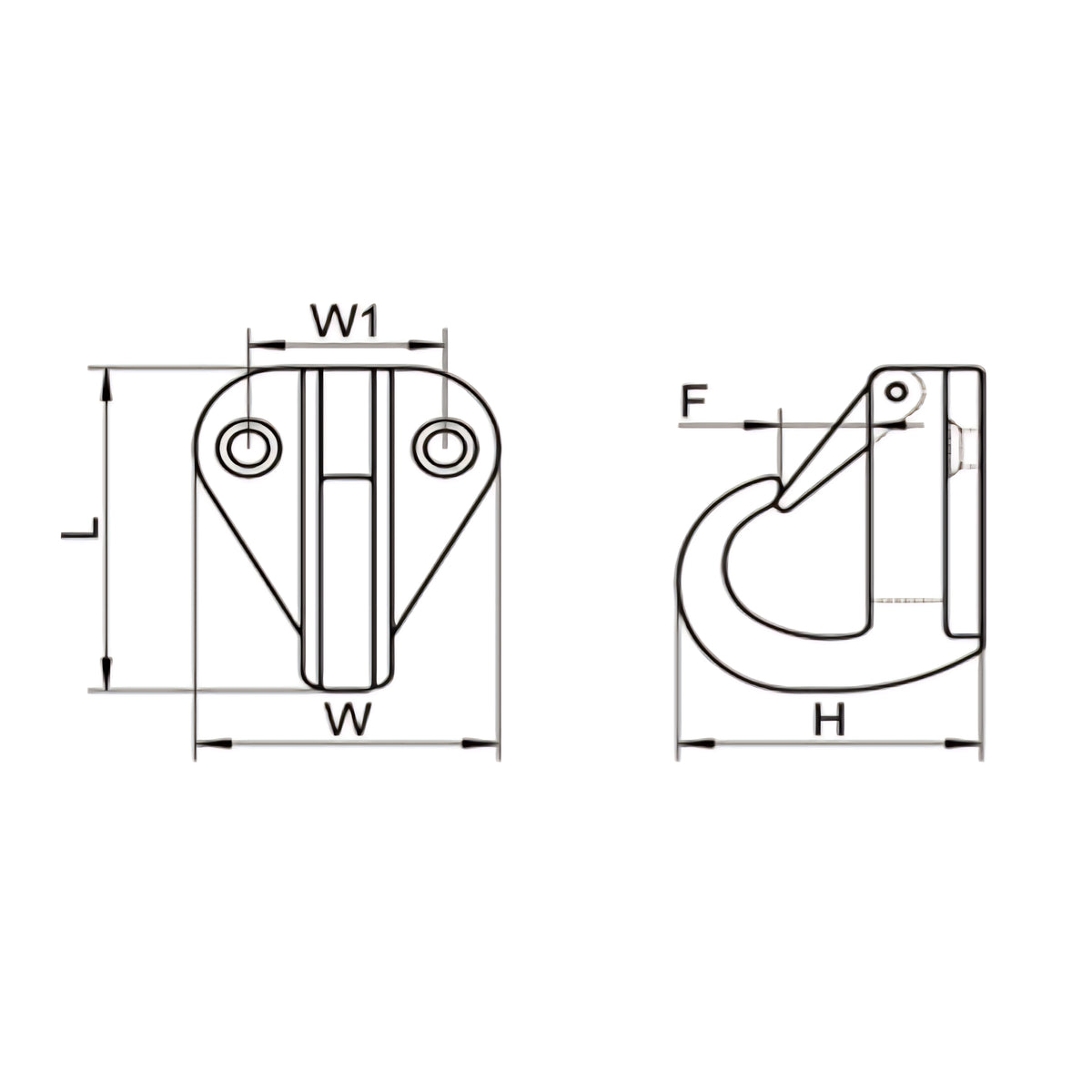 Gancio per parabordi in acciaio inox AISI 316 a microfusione con sicura a molla. Disponibile in due varianti di dimensione per fissaggio a paratia.