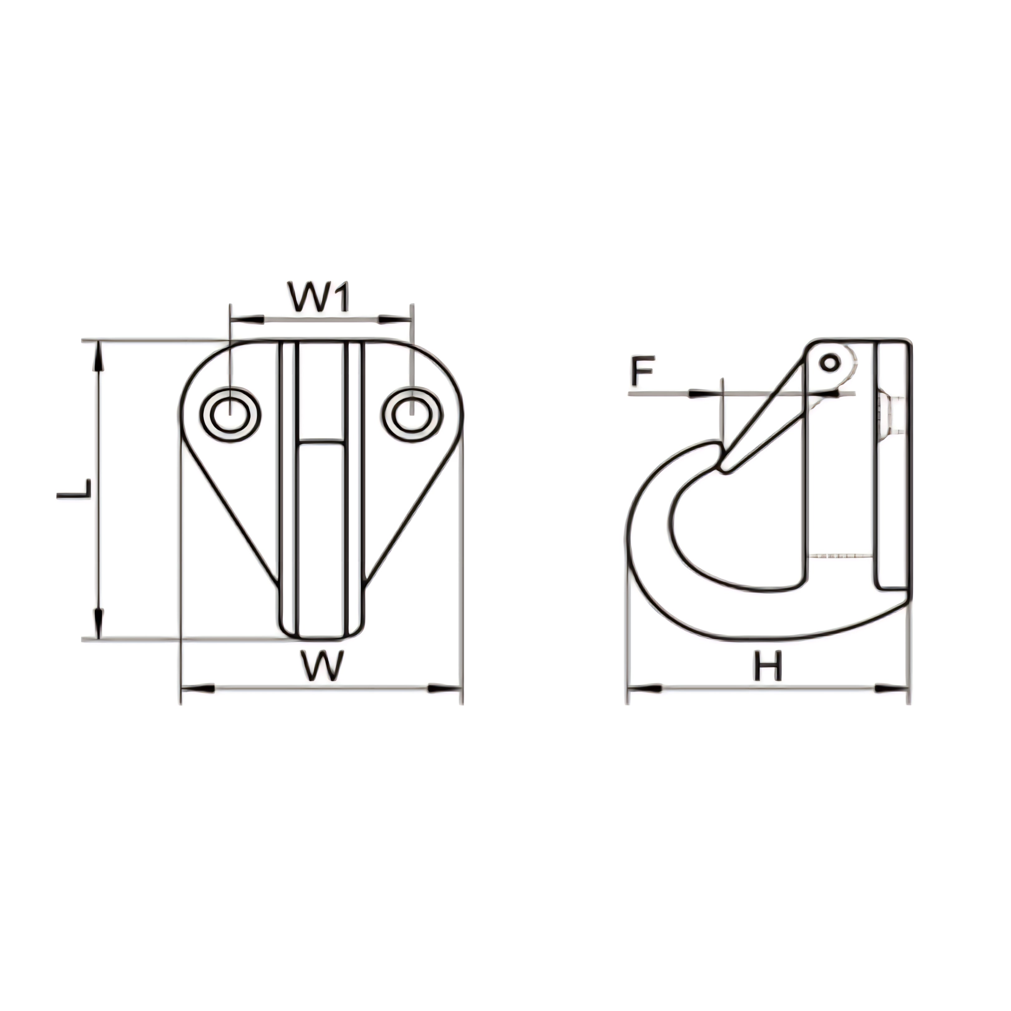 Gancio per parabordi in acciaio inox AISI 316 a microfusione con sicura a molla. Disponibile in due varianti di dimensione per fissaggio a paratia.