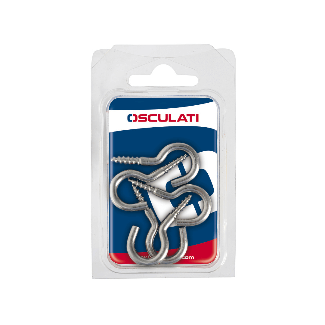 Gancio a vite ricurvo aperto in acciaio inox per fissaggi su legno e pareti.