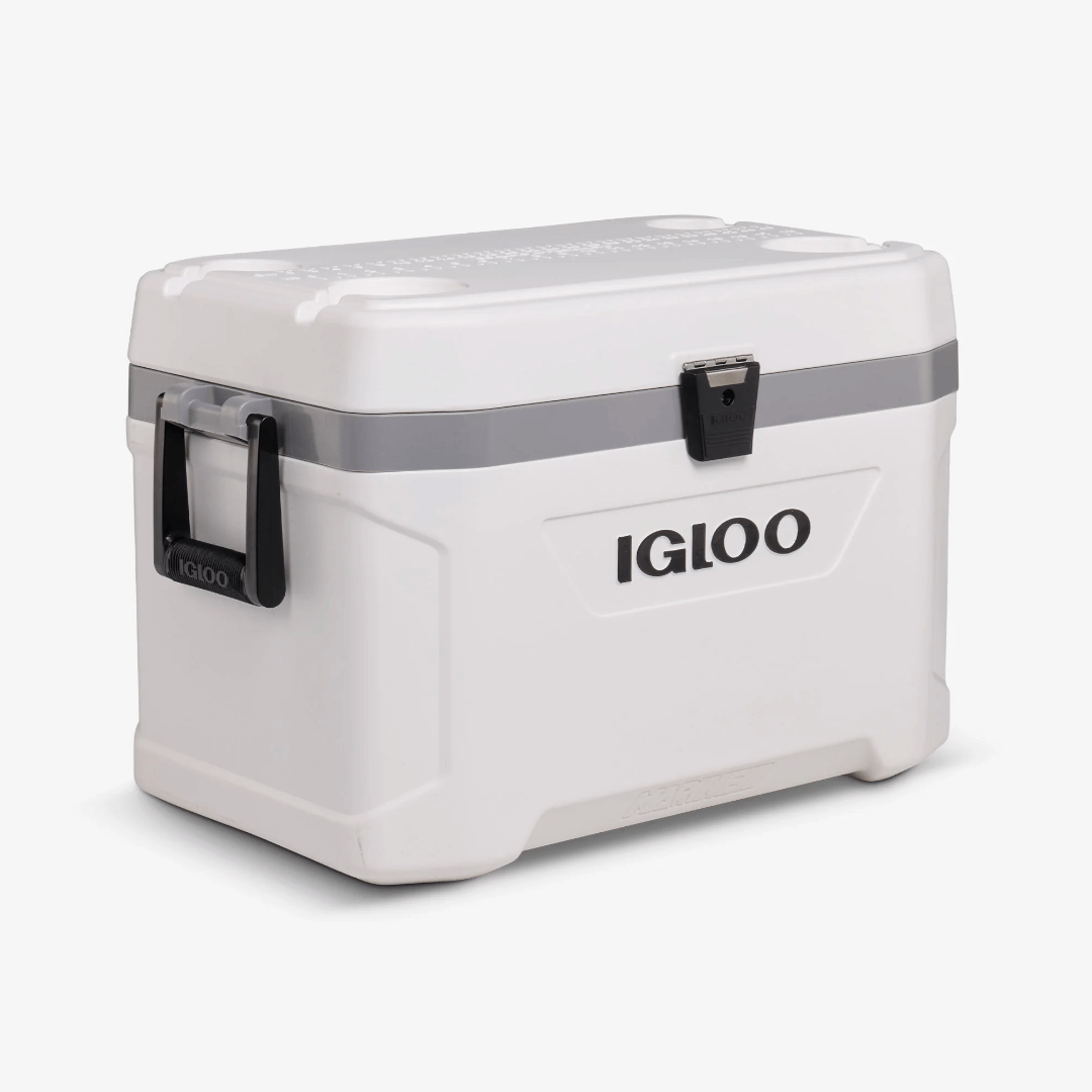 Ghiacciaia Igloo Marine Ultra bianca in plastica rigida con chiusure nere e fascia grigia | Onautica