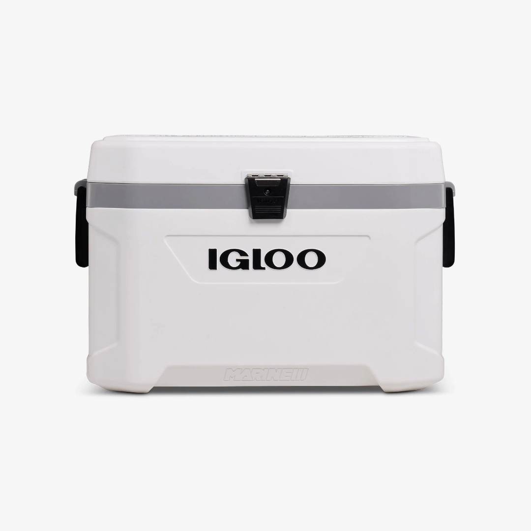 Ghiacciaia Igloo Marine Ultra bianca con fibbia e maniglie laterali nere, corpo rigido in plastica | Onautica