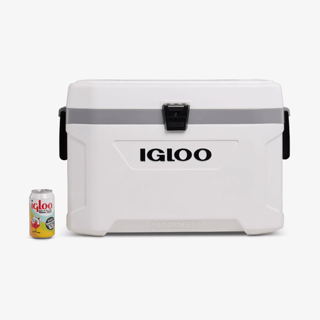 Ghiacciaia Igloo Marine Ultra bianca con chiusura nera, vista frontale con lattina per scala dimensioni | Onautica