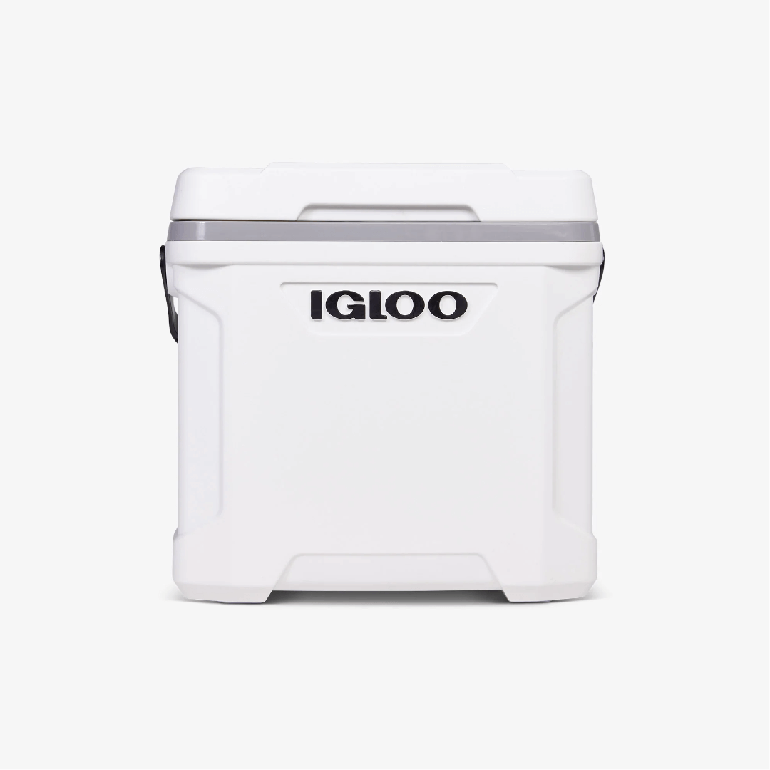 Ghiacciaia Igloo Marine Ultra bianca in plastica rigida, forma rettangolare con bordo grigio e maniglie laterali | Onautica