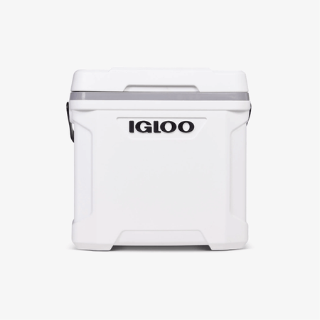 Ghiacciaia Igloo Marine Ultra bianca in plastica rigida, forma rettangolare con bordo grigio e maniglie laterali | Onautica