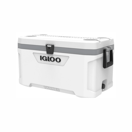 Ghiacciaia Igloo Marine Ultra 70 bianca con bordo grigio, chiusura a leva e maniglie laterali nere | Onautica