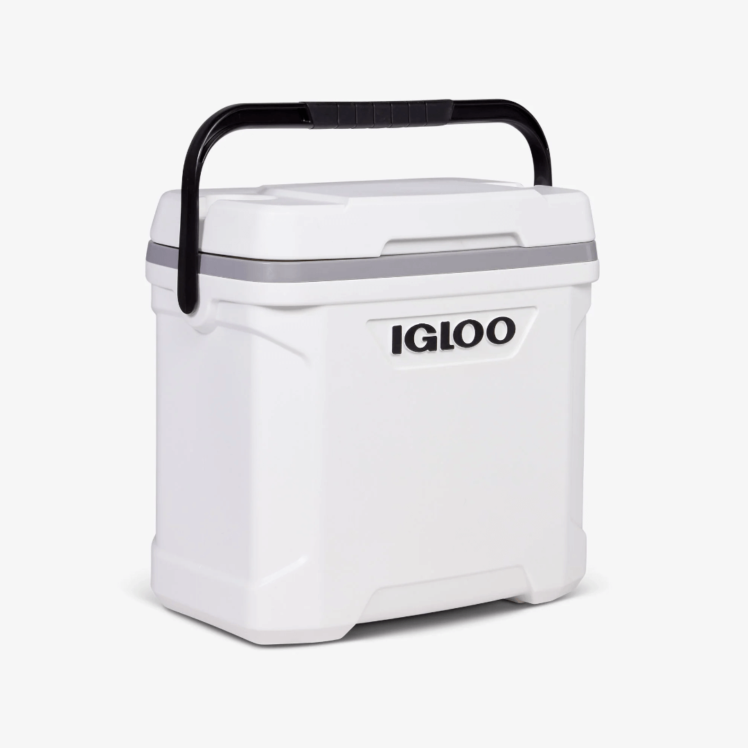 Ghiacciaia Igloo Marine Ultra bianca con manico nero, struttura rigida in plastica e fascia grigia sul coperchio | Onautica