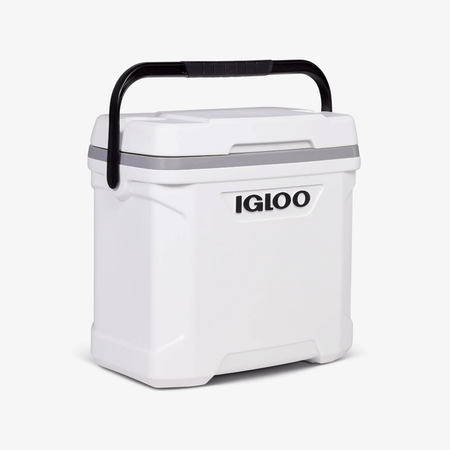 Ghiacciaia Igloo Marine Ultra bianca con manico nero, struttura rigida in plastica e fascia grigia sul coperchio | Onautica
