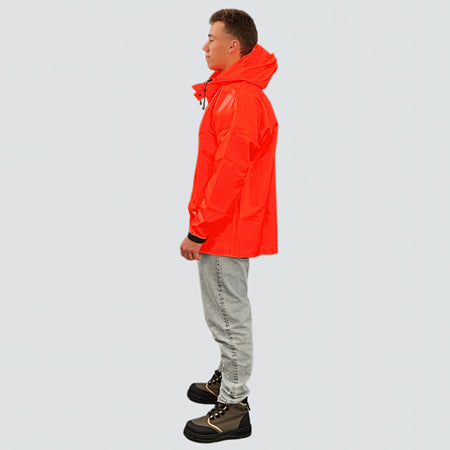 Giacca antipioggia OCEAN Offshore Heavy arancio fluo in PVC 560 g/m² con cappuccio grande e polsini in gomma, vista laterale