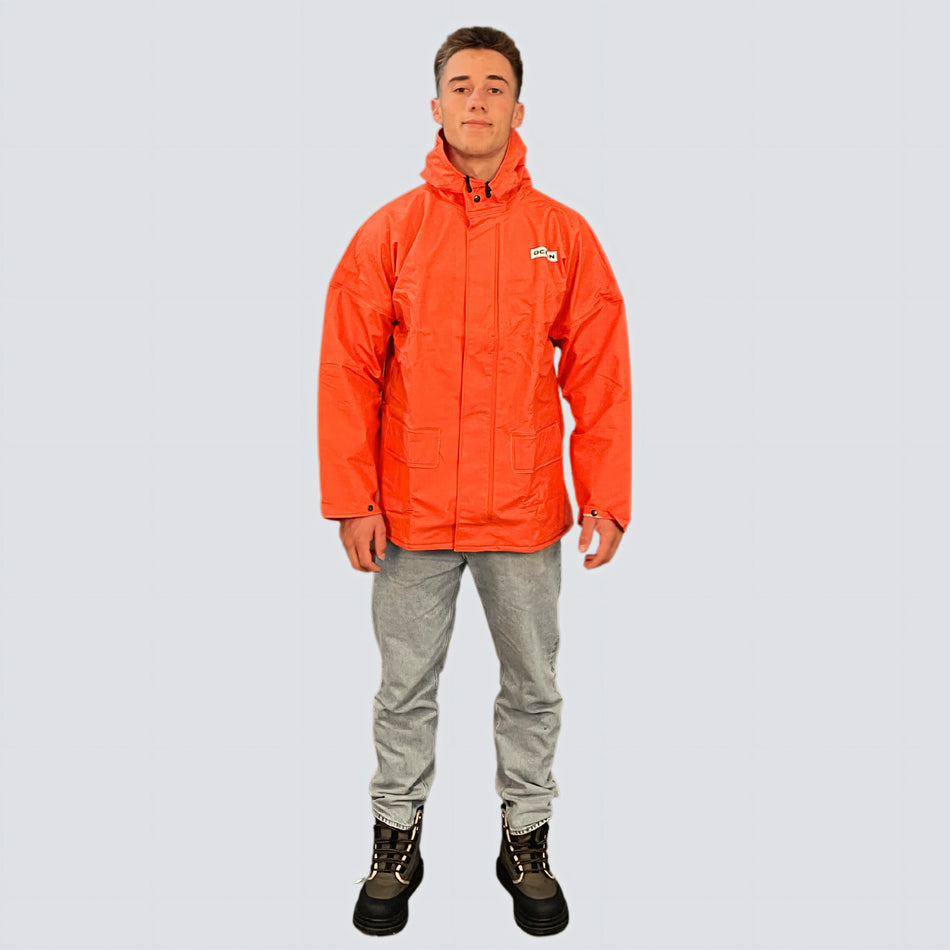 Giacca antipioggia OCEAN Offshore Heavy arancio fluo in PVC 560 g/m² con polsino interno, vista frontale