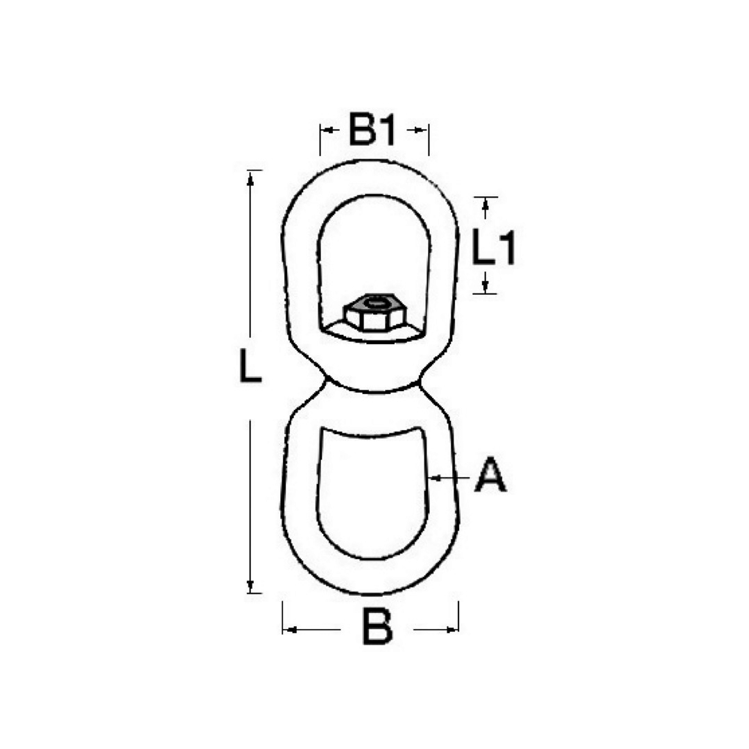 Scheda tecnica girella in acciaio zincato per catena d'ancora con quote L, L1, B, B1, A | Onautica