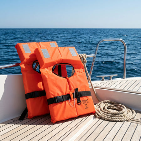 Giubbotti di salvataggio 100N arancioni oltre 40 kg sul ponte in teak di una barca con il mare sullo sfondo | Onautica