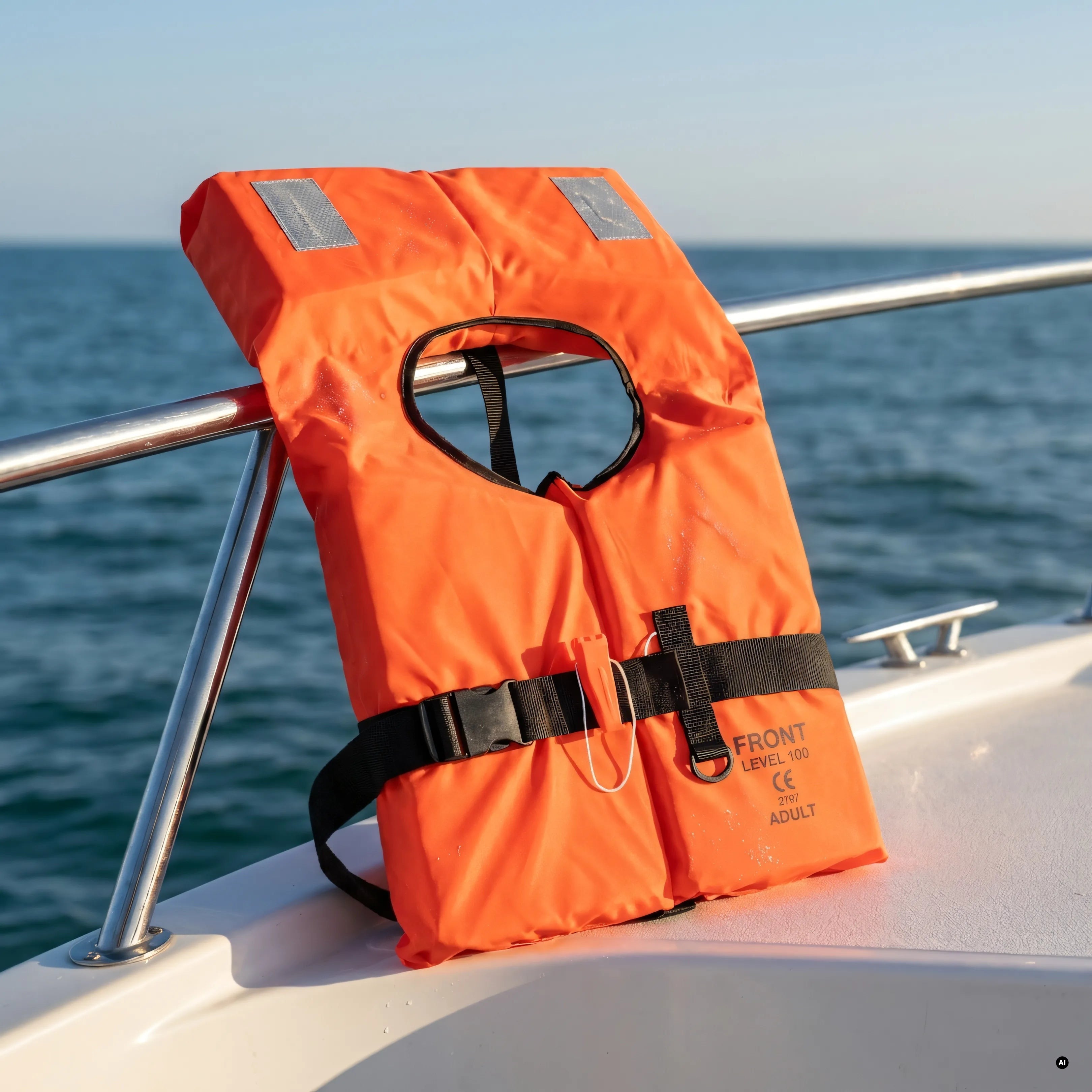 Giubbotto di salvataggio 100N arancione appoggiato sulla battagliola di una barca, con il mare sullo sfondo | Onautica