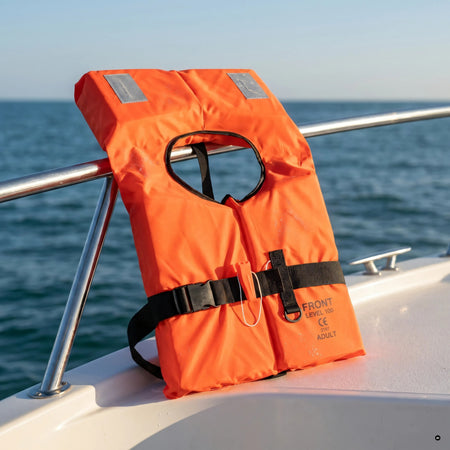 Giubbotto di salvataggio 100N arancione appoggiato sulla battagliola di una barca, con il mare sullo sfondo | Onautica