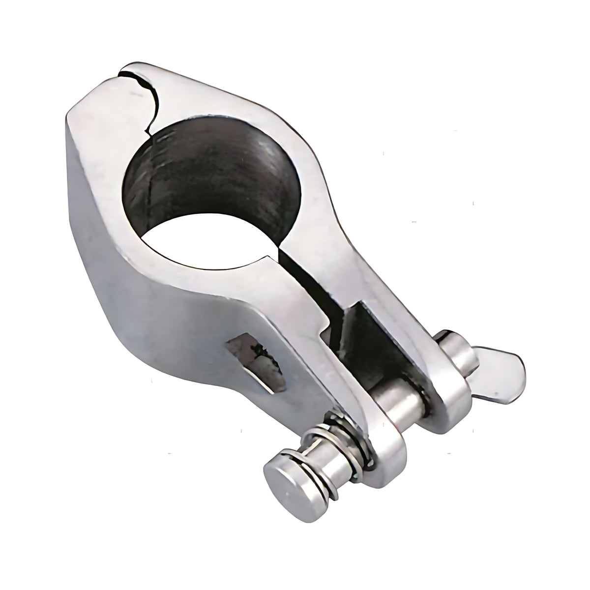 Giunto apribile modello TAS in acciaio inox AISI 316 con perno sfilabile e sistema di sicurezza per tubi di tendalini nautici.